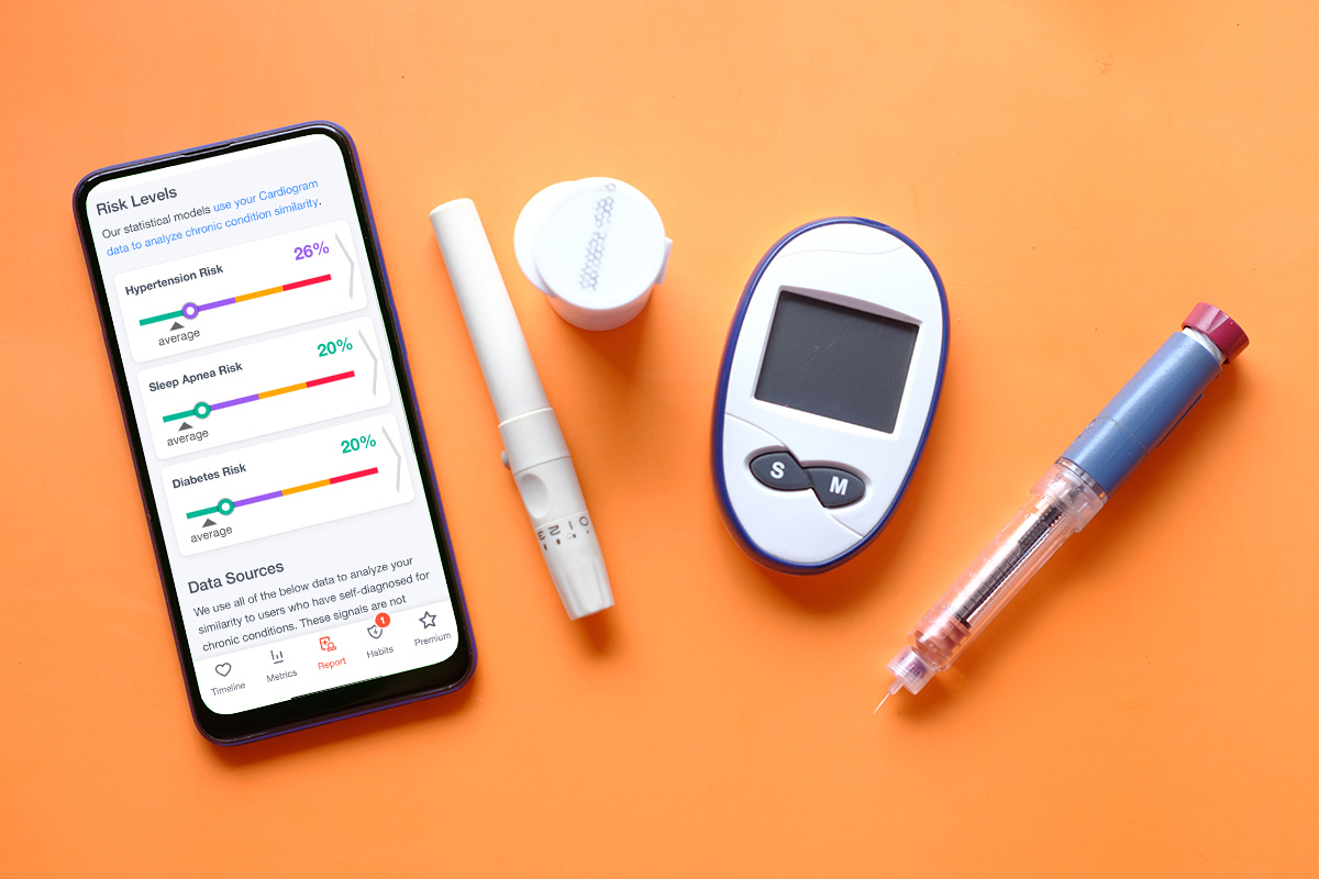 Image of a smartphone, blood sugar monitor and insulin needle
