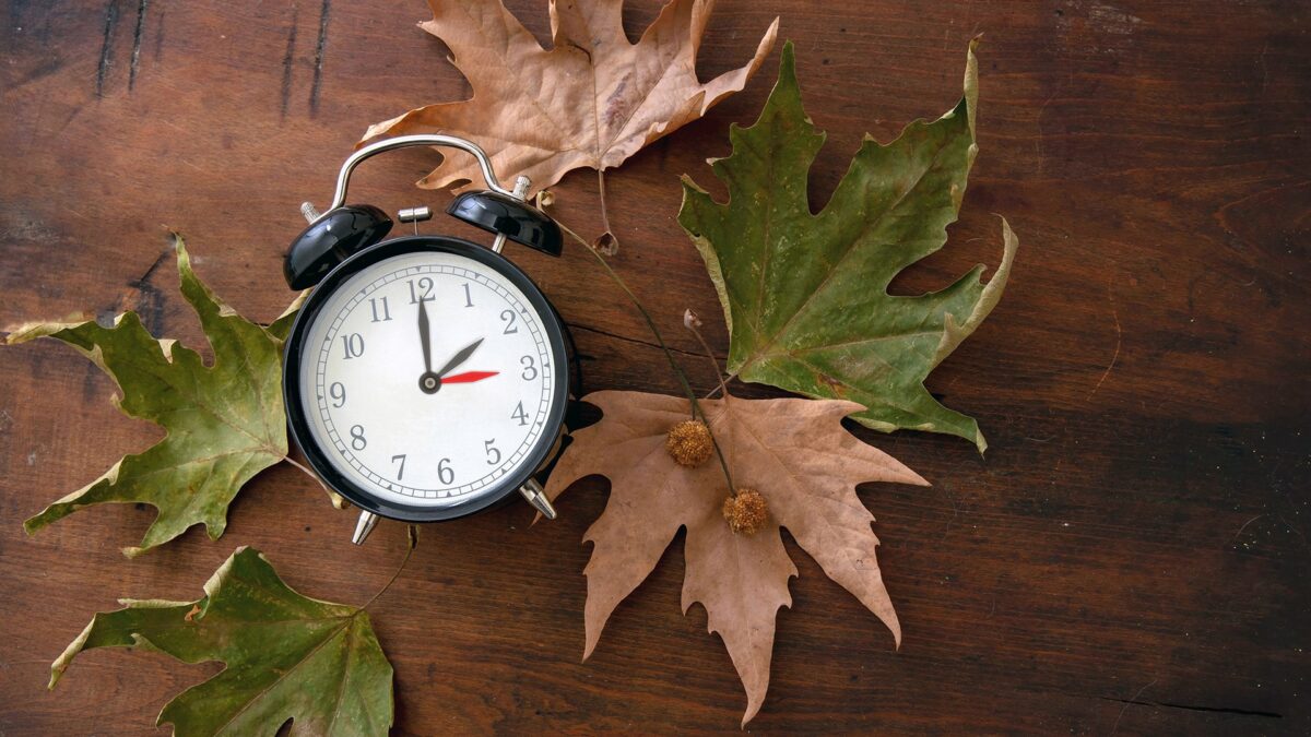 Clock laying on pile of fall leaves